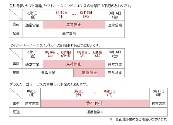 2024年 各運送会社の夏季休暇期間